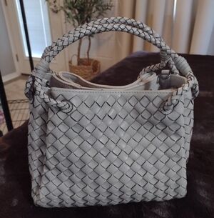 Genuine Leather Woven Top Handle Bag Grey Intertwined Braided Handle 3 Compartme